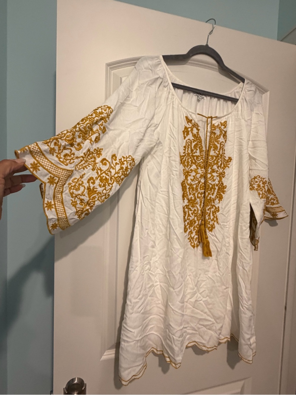 White Embroidered Long-Sleeve Tunic Dress with Mustard Accents